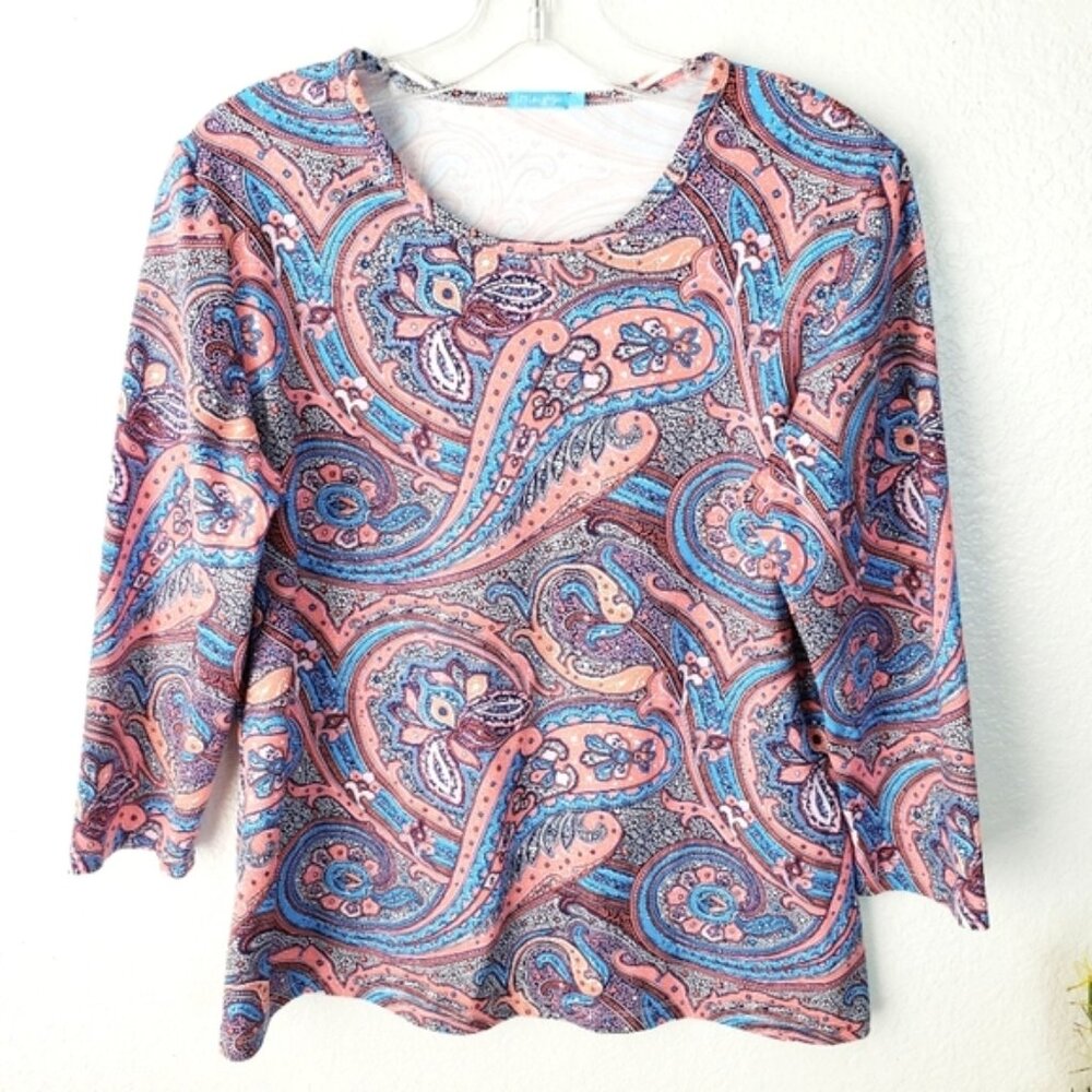 NWOT J. McLaughlin Paisley Print Catalina Cloth 3/4 Sleeve Boho Round Neck Top L